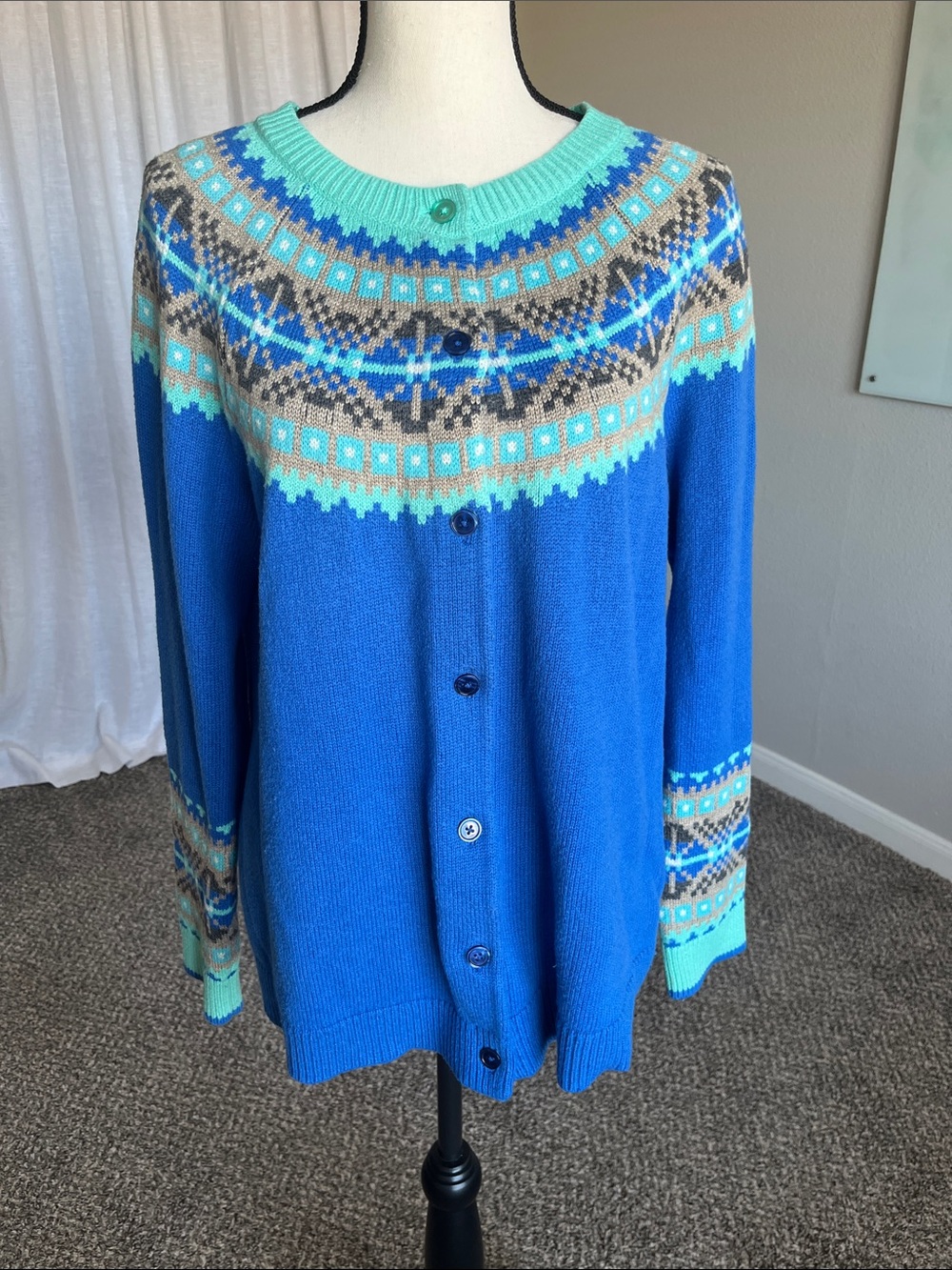 Talbots Lambswool Blend Fair Isle Cardigan Sweater Blue Nordic Knit XL